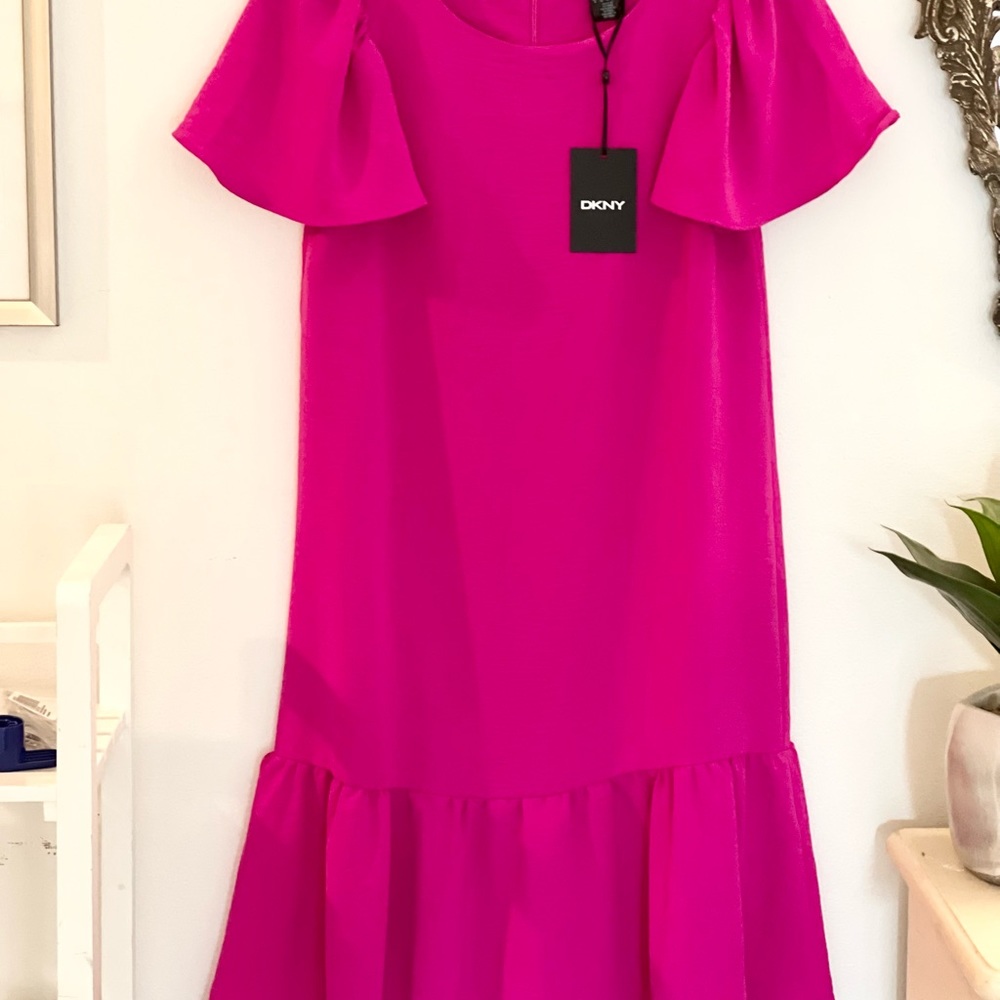 NWT DKNY Silky Flutter Sleeve Raspberry HOLIDAY COCKTAIL Dress Size 2